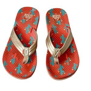 Reef Girls Size 4-5 Ahi Flip Flops Pink Cactus Metallic Sandals Thong Shoes